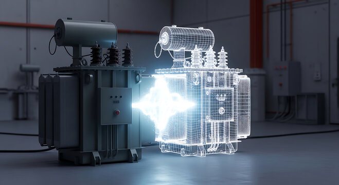 Electrical transformer with a holographic wireframe projection in an industrial setting