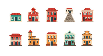 Naklejka premium Charming traditional houses: flat style architecture collection