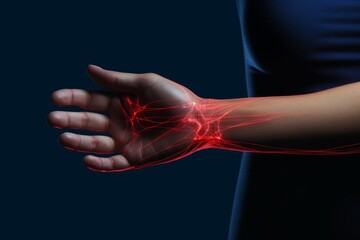 Fototapeta premium Human hand and arm with illuminated red nerves indicating pain or discomfort