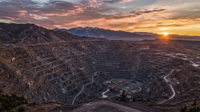 Cinematic aerial drone perspective of the vast Bingham Canyon copper mine pit at sunset, showcasing an industrial excavation landscape in Herriman Utah during golden hour lighting.