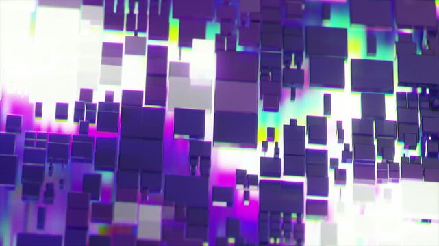 Abstract digital art featuring a vibrant, reflective block with colorful pixelated patterns transitioning across three frames on a textured purple background
