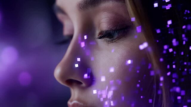 A fragmented human face composed of shimmering purple pixels depicting a digital identity crisis with a blurred