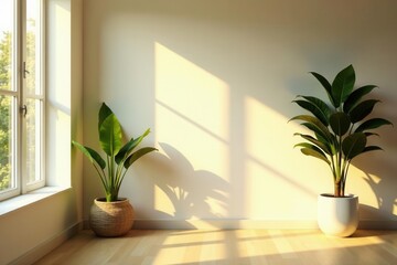 Golden hour light bathes a minimalistic room, plants glow softly, golden hour, calm