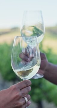 Hands, outdoor and wine tasting with glasses, swirl liquid and enhance flavor for luxury experience. People, alcohol and winery tour in vineyard with drink aeration, aroma release and inspection.