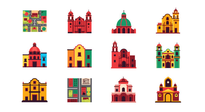 Colorful icon set of historic mexican churches in geometric flat style