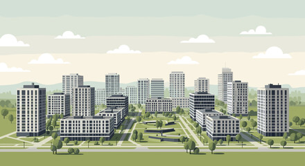Modern cityscape with trees and skyline in flat style