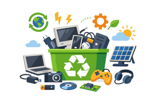 Electronic waste recycling concept with various devices and green recycling bin