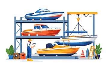 Obraz premium Marine storage facility with boats on racks and a worker inspecting them