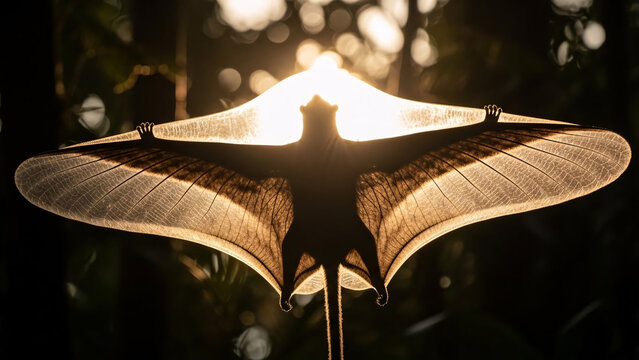 Backlit Silhouette of Flying Lemur Colugo Gliding Membrane