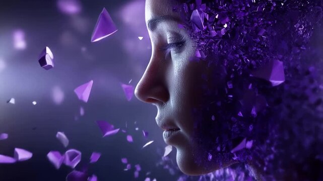 A human head bursts apart releasing a chaotic explosion of purple data fragments symbolizing digital overload a f4aea491 3