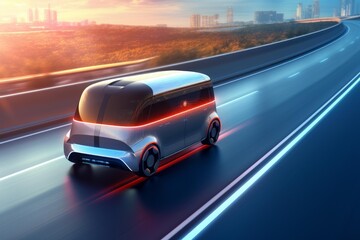 Autonomous vehicle traveling on a modern highway with a futuristic city skyline in the background