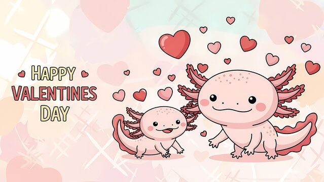 Happy Valentines Day Cute Pink Axolotls Hearts Illustration