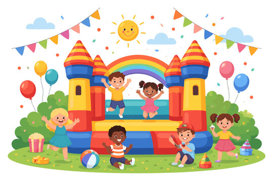 Happy children jumping and playing on a colorful bouncy castle with rainbow and sun