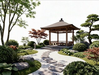 Beautifully crafted wooden pavilion overlooking a zen rock garden with a winding stone path and meticulously shaped pine trees under a clear sky.