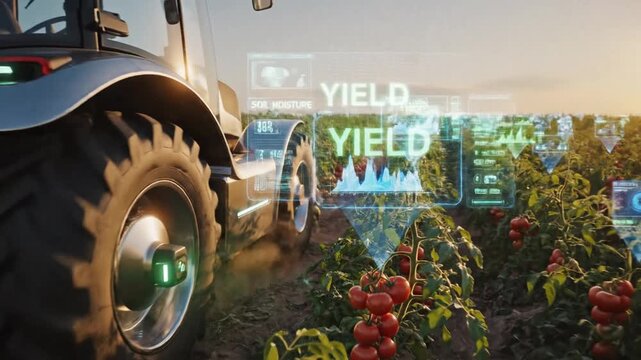 Cinematic view of a futuristic autonomous tractor navigating through lush rows of ripe red tomatoes in a high-tech agricultural field under bright daylight, robotic farming technology concept.