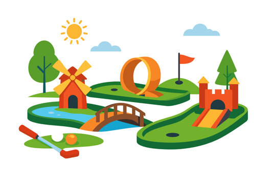 Mini golf course with windmill, castle, and loop-the-loop obstacles for outdoor fun