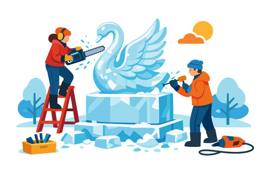 Artists meticulously carve a majestic ice swan sculpture on a bright winter day
