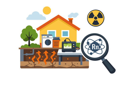 Radon gas testing in a house, showing soil gas entering the foundation and a detector