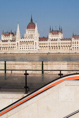 metro staircase, Danube river and the Hungarian National Assemby Parliament Orsz&aacute;gh&aacute;z in the background, Budapest Hungary