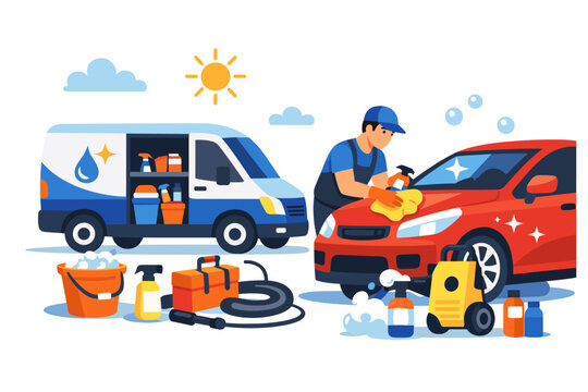 Mobile car wash service with professional detailing and cleaning supplies
