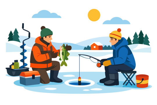 Two men enjoying ice fishing on a frozen lake with a catch and fishing gear