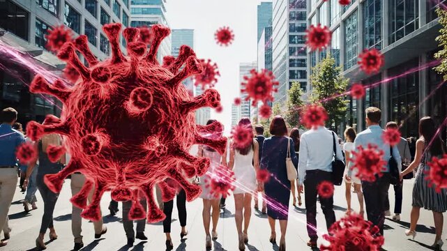 Coronavirus particles visualization with pedestrians on urban business street. Pandemic disease transmission and public health crisis for virus outbreak spread and community infection risk awareness.