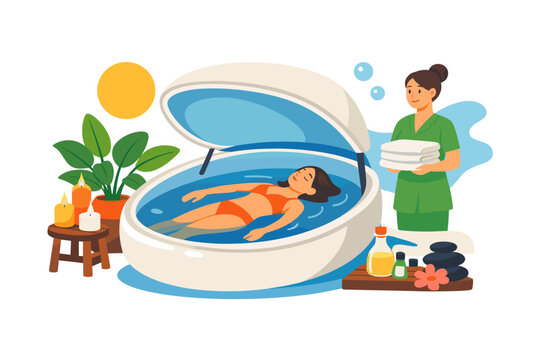 Woman relaxing in a float tank with spa attendant holding towels nearby