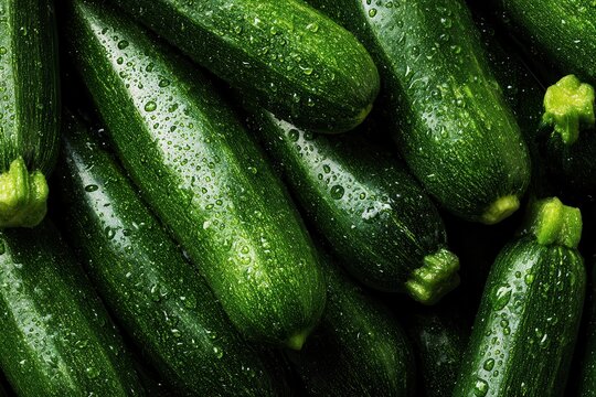 Fresh zucchinis tightly packed, wet surface with water droplets