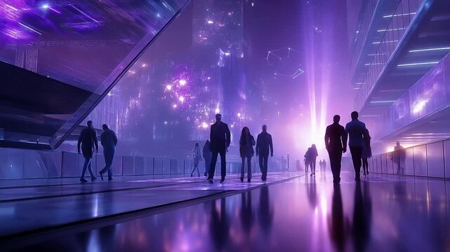 A serene futuristic city bathed in soft purple sunlight featuring humans and AI coexisting harmoniously with tr 179ae294 2