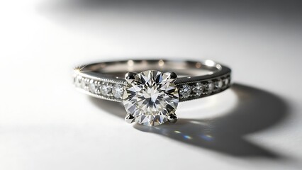 Diamond Engagement Ring on White Surface.
