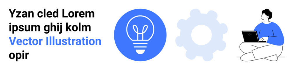 Innovation, remote work, technology, creativity, productivity, planning processes. Circular light bulb icon, gear silhouette and seated person on laptop. Innovation and remote work concept © robu_s