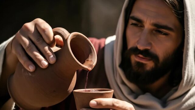 Last supper with Jesus. Man pouring red wine into a wooden cup. Christian spiritual gathering.