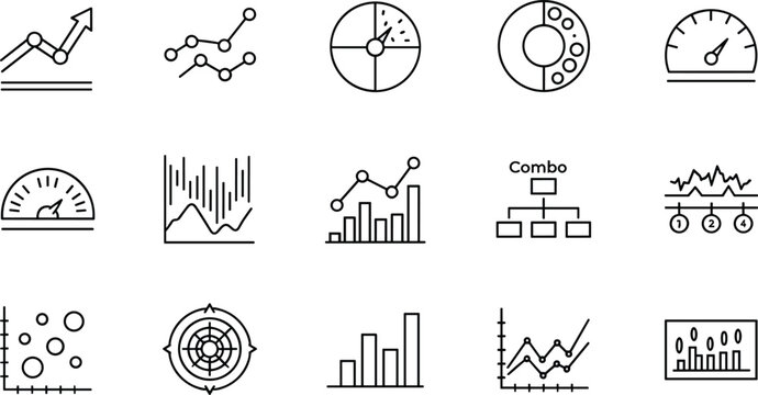 Data visualization analytics icons set including line graphs bar charts gauge meters scatter plots and dashboards