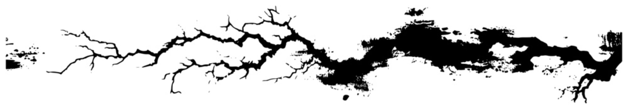 Horizontal black grunge border with artistic branch and crack textures