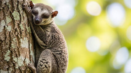 Fototapeta premium Lemur sleeping on a tree trunk