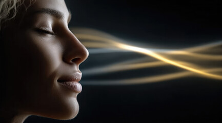 Obraz premium Peaceful woman face closed eyes soft light waves serene expression dark background side view calm beauty tranquility