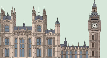 Obraz premium Detailed architectural drawing of iconic british landmark with clock tower