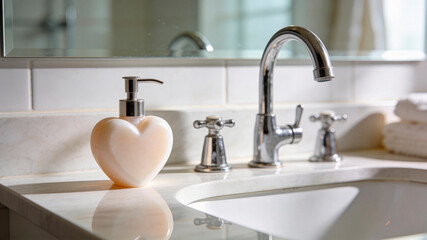 Heart-shaped soap dispenser placed on a marble bathroom countertop beside a chrome faucet and a mirror reflecting natural light in a modern setting