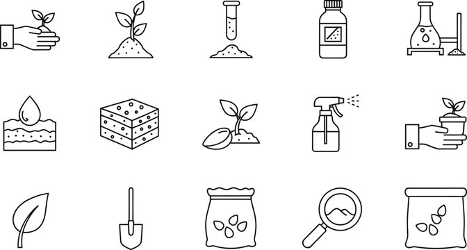 Planting and soil research vector line icons set featuring laboratory equipment fertilizer bags and garden tools kit