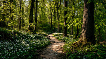 Obraz premium spring, forest, path, nature, trees, green, leaves, sunlight, fresh, growth, renewal, outdoor, peaceful, landscape, seasonal, wildflowers, calm, environment, natural, soft, light