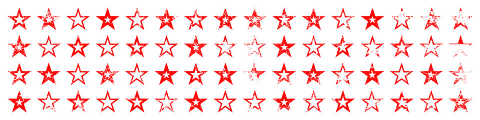 Fototapeta premium Red vintage stars with cracks and stains. Old hand-drawn sign, black simple shape. Retro design element with distressed effect, grunge texture. Vector illustration