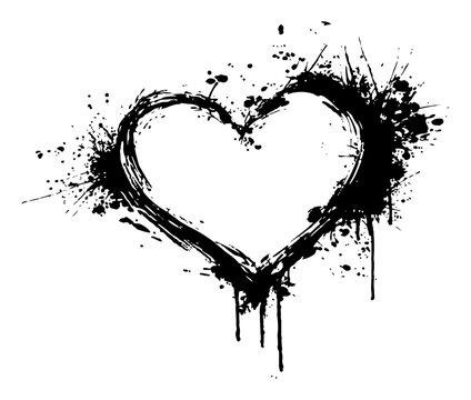 Black grunge heart silhouette with ink splatters and drips