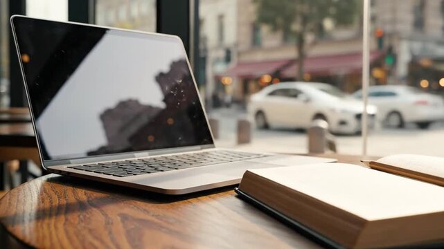 Cinematic shot of a blank screen laptop computer resting on a rustic wooden desk beside a physical book and graphite pencil, viewed through a clear glass pane in a modern home office setting.