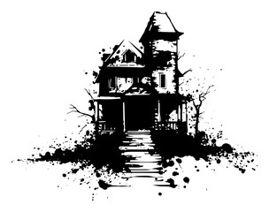 Obraz premium Haunted spooky Victorian house silhouette with artistic black ink splatter effects