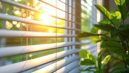 Sunlight through window blinds and plant.