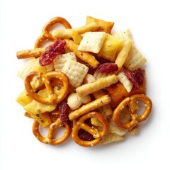 Colorful Snack Mix with Pretzels, Crackers, and Dried Fruits Piled on White Background