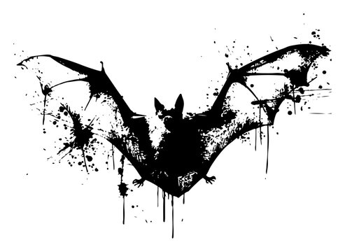 Flying bat silhouette in expressive black ink splatter and drip style