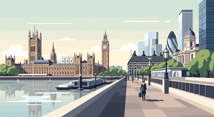 Obraz premium Historic london skyline: big ben and river thames in modern flat design