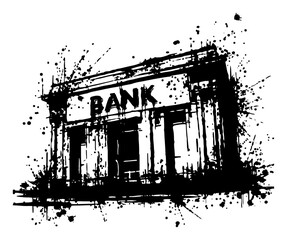 Obraz premium Classic bank building silhouette in artistic black ink splatter grunge style