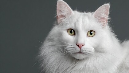 Obraz premium Elegant Turkish Angora Cat with Fluffy White Fur and Striking Yellow Eyes Posed on Grey Background